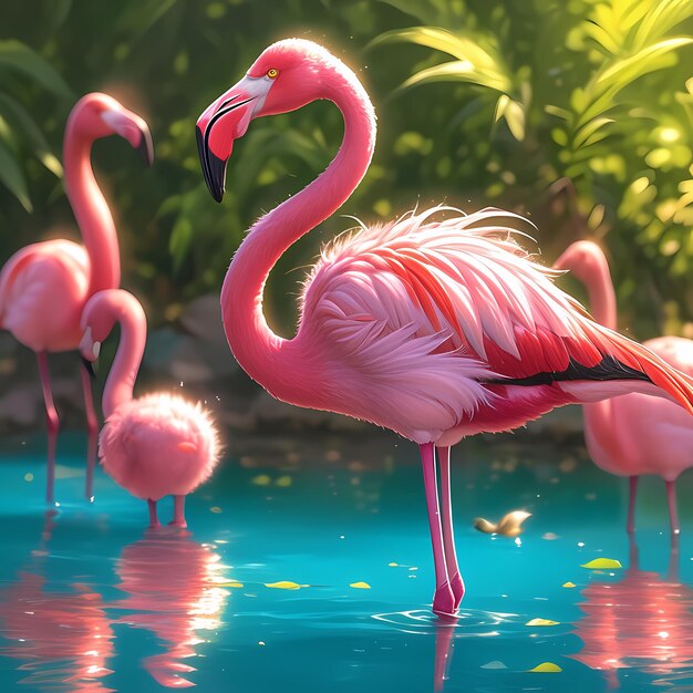 Flamingos rosados junto al estanque con luz solar