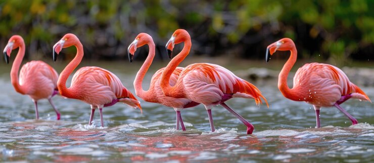 Flamingos rosados en una laguna poco profunda