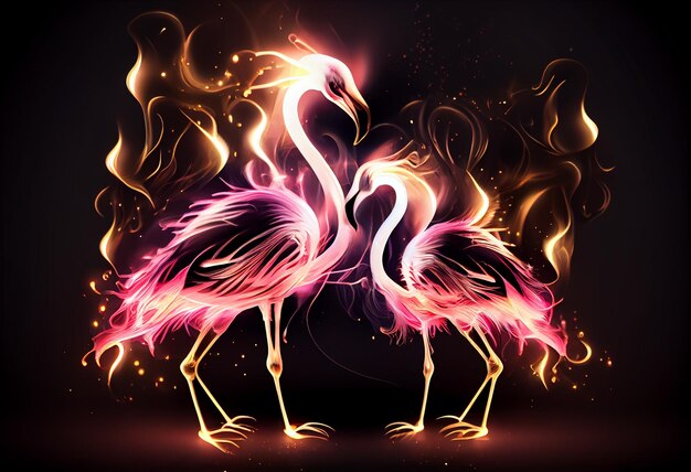 Foto flamingos stehen in einer reihe mit hellen flammen im hintergrund.