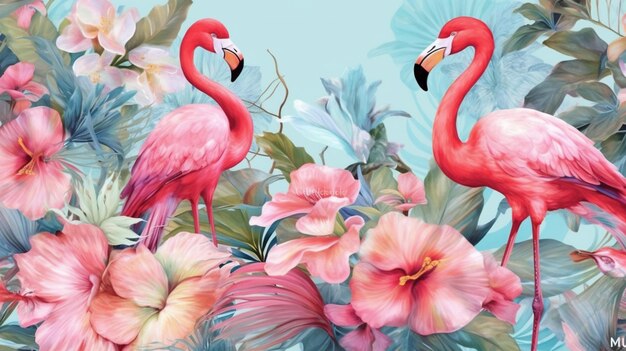 Flamingos und Hibiseblüten sind in einer tropischen Umgebung generativ
