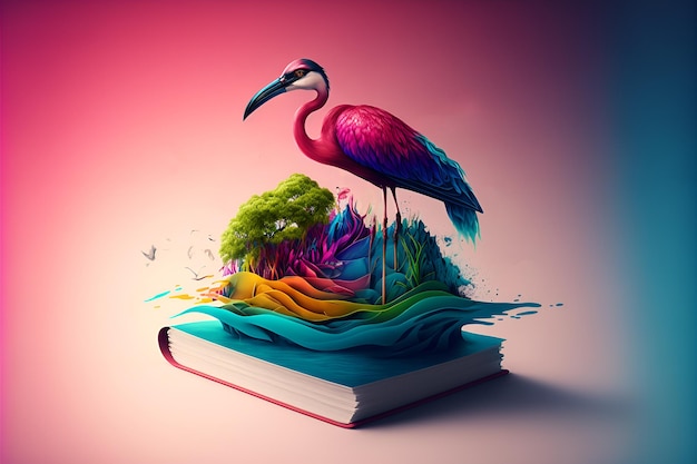 Flamingovogel, der auf dem Buch steht Abstrakte Kunst Ai generiert