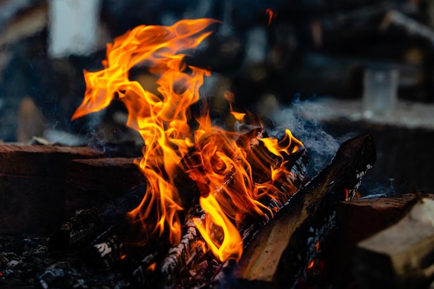 Flammen des Feuers hautnah Lagerfeuer in der Natur Ein unscharfer Hintergrund