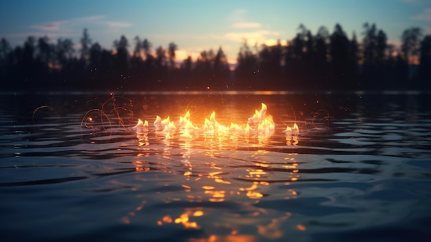 Flammen eines Feuers, das bei Sonnenuntergang im Wasser brennt.