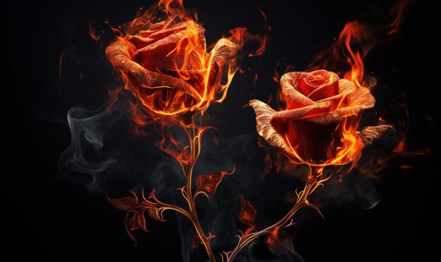 Flammen steigen aus zwei Rosen in einer Vase auf einem schwarzen Hintergrund.