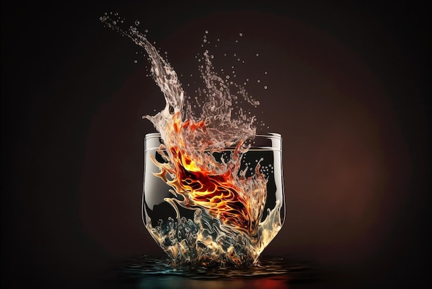 Flammenbrand auf Flüssigkeit auf welligem Wassertropfen Feuer und Wasserspritzer Hitze-Warm-Kalt-Konzept