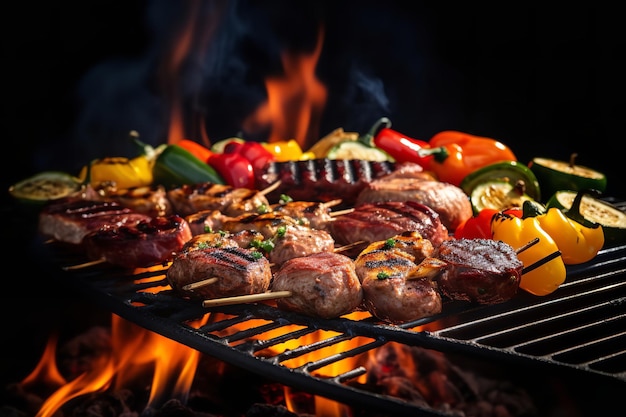 Flammender BBQ-Grill mit verschiedenen Fleisch- und Gemüsesorten