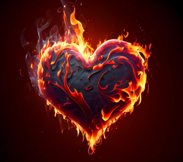 Flammendes Herz auf dunklem Hintergrund, unerwiderte Liebe, die Feuer verschlingt
