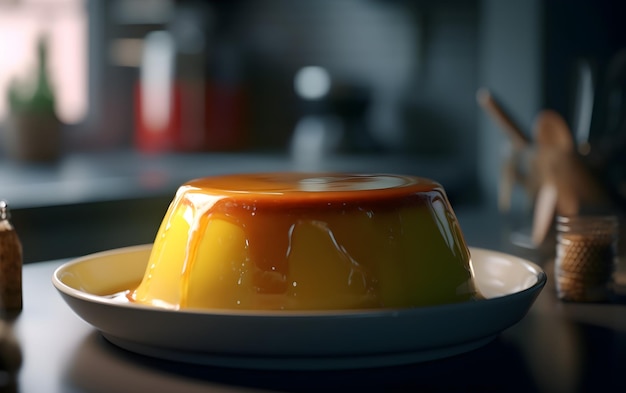 Foto un flan amarillo y naranja en un plato