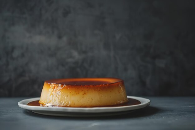 Un flan de caramelo en un plato blanco con un fondo de textura oscura