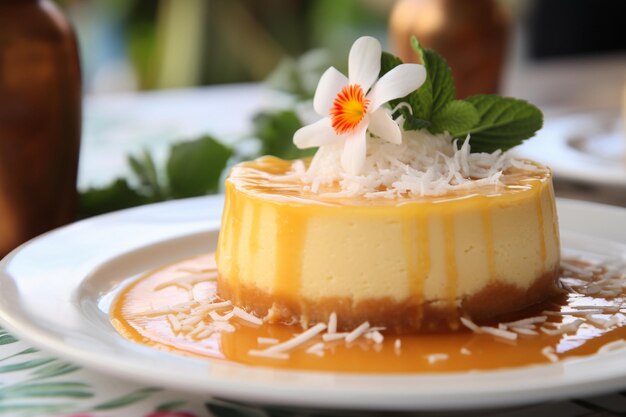 Foto flan de coco servido con un lado de creme de coco bralace