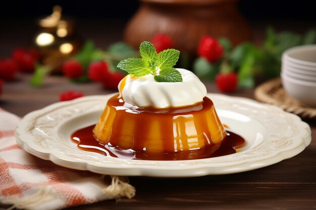 Foto flan-dessert mit karamellsauce und schlagsahne