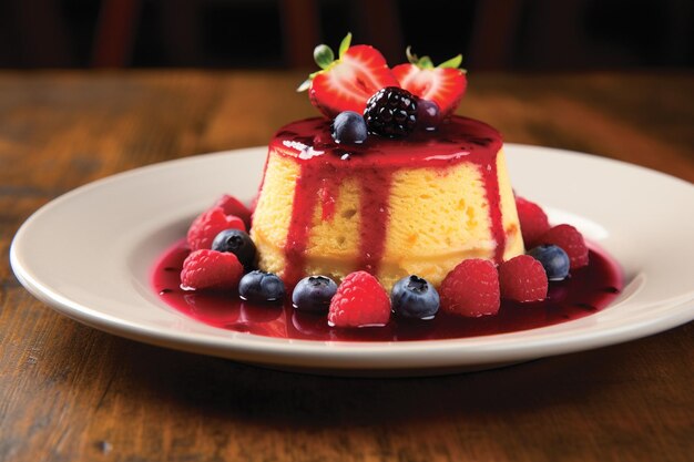 Un flan servido con un lado de mermelada de frutas mezcladas picantes para el brillo
