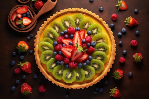 Foto flan tarta de frutas flat lay publicidad profesional comida fotografía generado por ia