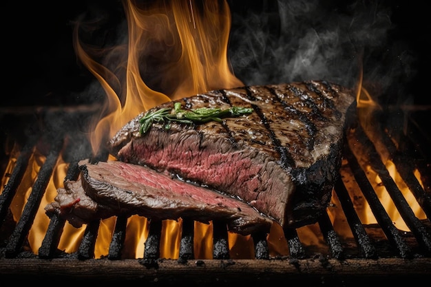 Flanksteak auf dem Grill scharf anbraten und auf einer Seite verkohlt