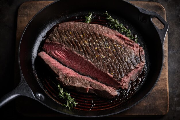 Flanksteak in einer Gusseisenpfanne, bereit zum Kochen auf dem Herd