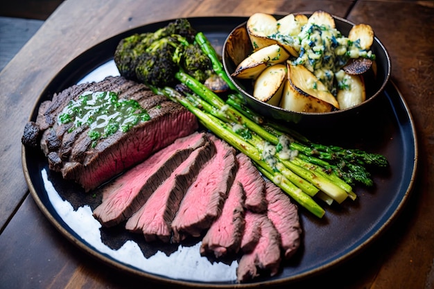 Flanksteak, medium-rare gegart, in Scheiben geschnitten und mit einer Beilage nach Wahl serviert