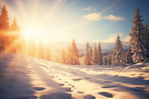 Flare do sol sobre uma paisagem coberta de neve