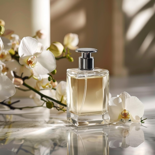Flasca de fragrância sofisticada em bancada de mármore branco com orquídeas