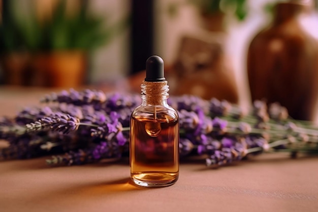 Flasche ätherisches Lavendelöl neben Lavendelblüten auf einem Tisch