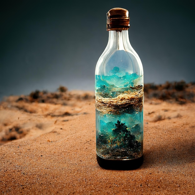 Flasche auf einer Wüste mit dem Ozean darin