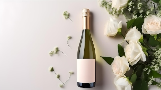 Flasche Champagner mit Rosen und weißen Blumen auf weißem Hintergrund als Attrappe