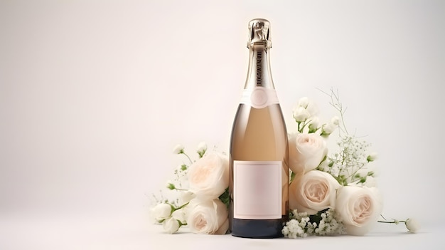 Flasche Champagner mit Rosen und weißen Blumen auf weißem Hintergrund als Attrappe