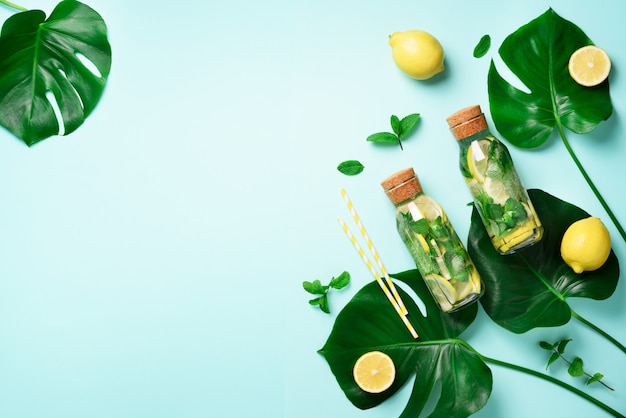 Flasche Detoxwasser mit Minze, Zitrone und tropischem Monstera verlässt auf blauem Hintergrund.