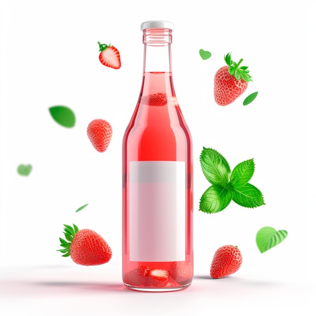 Flasche Erdbeersaft mit Erdbeeren herum