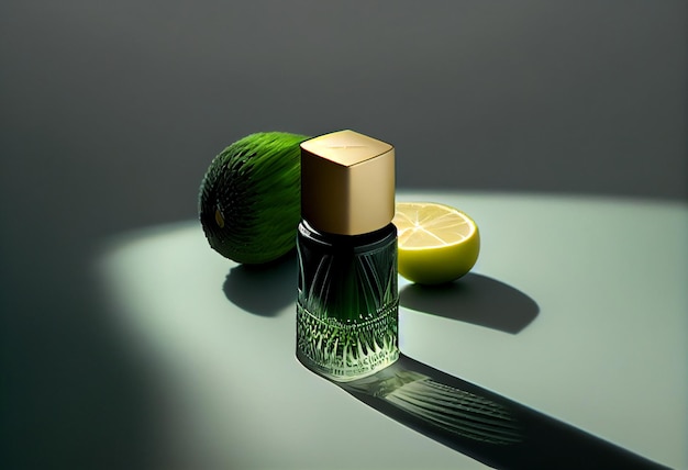 Flasche Essenz Parfüm auf dunklem Hintergrund mit Sonnenlicht und Schatten AI generiert