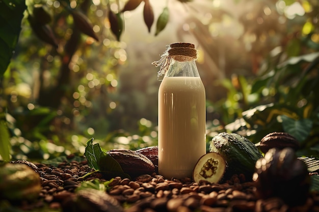 Flasche Kakaowasser umgeben von Kakaobohnen und Früchten in einem üppigen Garten