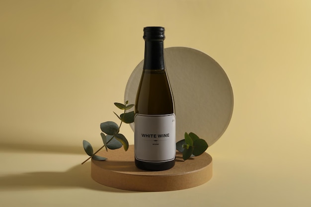 Flasche köstlicher Weißwein und Eukalyptuszweige auf beigem Hintergrund