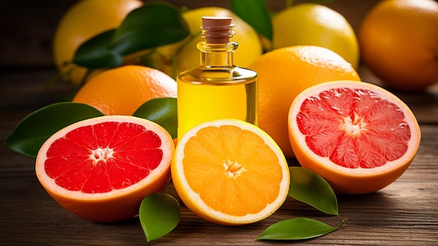 Flasche mit ätherischem Öl mit Grapefruit und Zitrone auf einem hölzernen Hintergrund