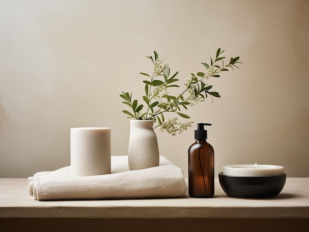 Flasche mit Duft und Vase mit Blumen Minimalstil moderne Branding von Schönheitsprodukten