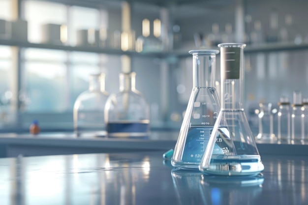 Flasche mit durchsichtigem Becher und Glaswaren in medizinischem wissenschaftlichem Labor Banner Hintergrund