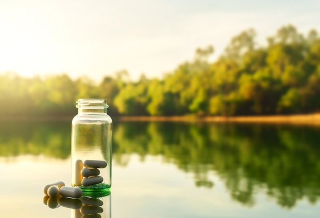 Flasche mit Kapseln auf dem Hintergrund eines ruhigen Sees Ein Gefühl von Ruhe und Frieden