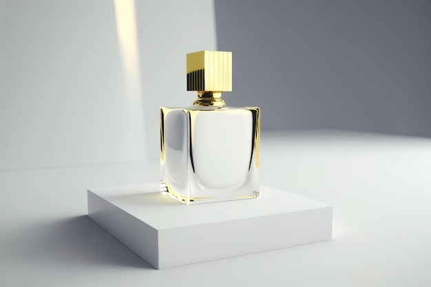 Flasche mit sinnlichem Luxusparfüm mit goldener Kappe auf weißem Podium Parfümduftvorlage im minimalistischen geometrischen Stil Generative AI