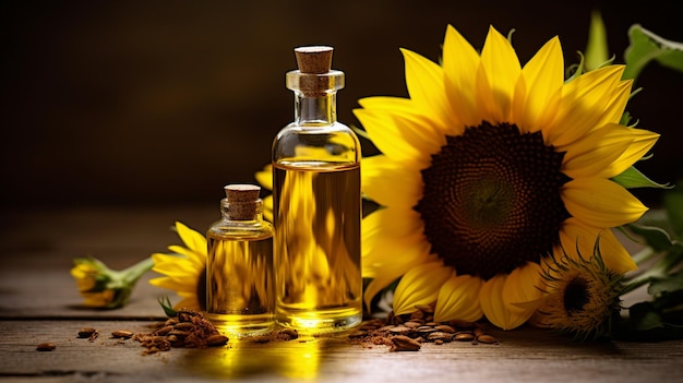Flasche mit Sonnenblumen-Etheröl-Extrakt