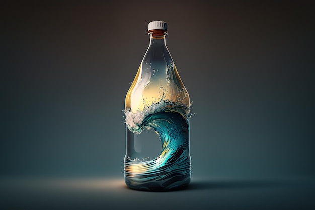 Flasche mit Wasser im Inneren bildet eine Welle im Fotostudio mit blauem und schwarzem Hintergrund