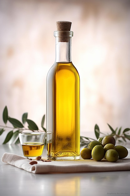 Flasche Olivenöl auf dem Tisch mit Zweigen und Oliven in einem Erntefeld voller Olivenbäume. Generiert mit KI