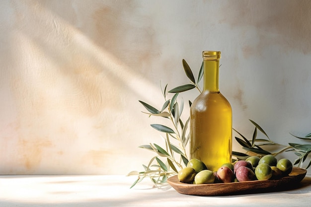 Foto flasche olivenöl und oliven auf leicht rustikalem und steinernen hintergrund olivenöl zum kochen