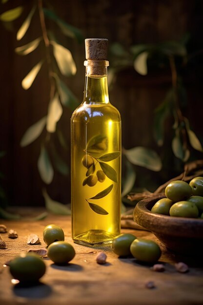 Foto flasche olivenöl und oliven auf leicht rustikalem und steinernen hintergrund olivenöl zum kochen