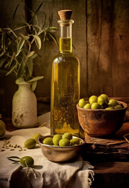 Flasche Olivenöl und Oliven auf leicht rustikalem und steinernen Hintergrund Olivenöl zum Kochen