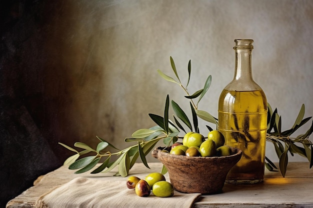 Foto flasche olivenöl und oliven auf leicht rustikalem und steinernen hintergrund olivenöl zum kochen