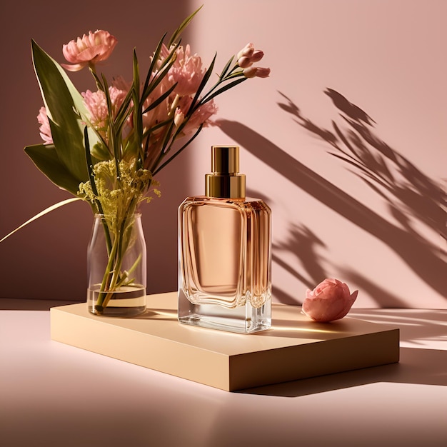 Flasche Parfüm mit Blumen auf rosa Hintergrund