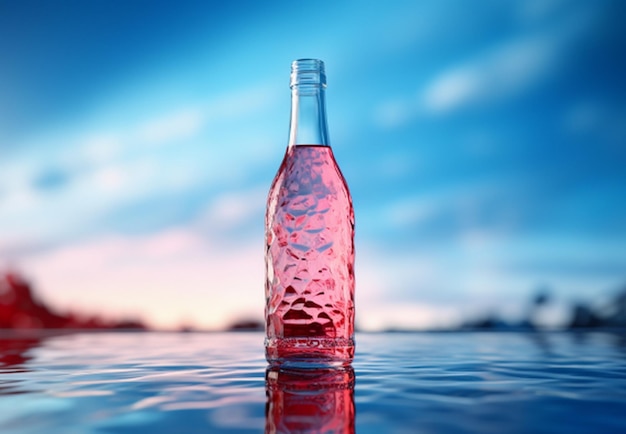 Flasche rosa Wasser auf dem Hintergrund des Meeres und des Himmels