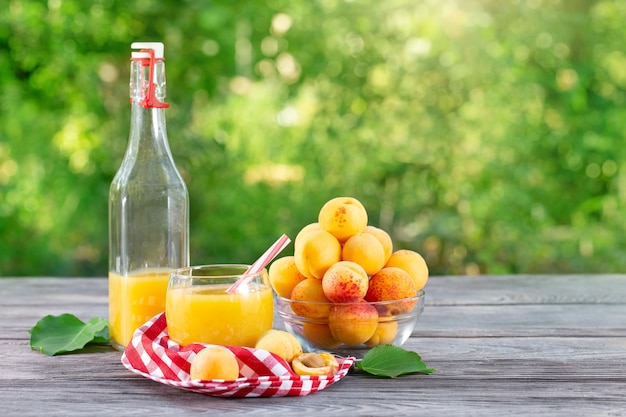 Flasche und Glas Aprikosensaft mit Aprikosen auf Grün