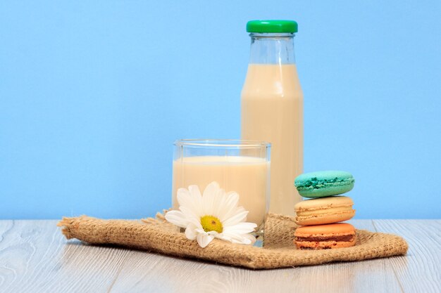 Flasche und Glas frische Milch mit Kamillenblüten und Makronen auf blauem Hintergrund.