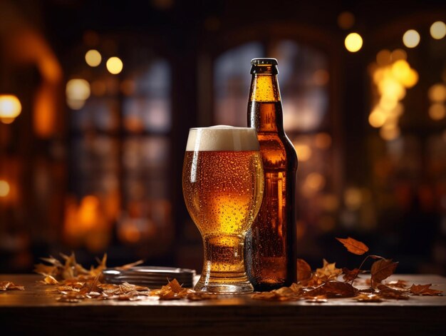 Flasche und Glas Lagerbier auf dunklem Herbst-Hintergrund mit BlätternAI Generative