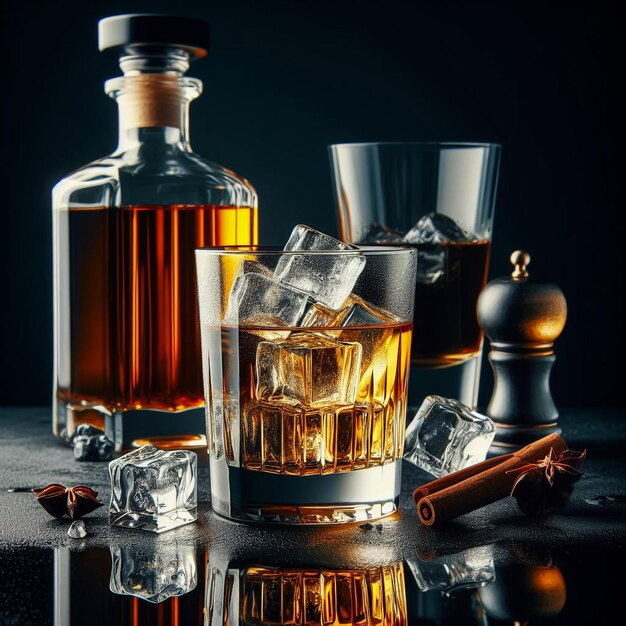 Flasche und Glas Whiskey auf schwarzem Hintergrund