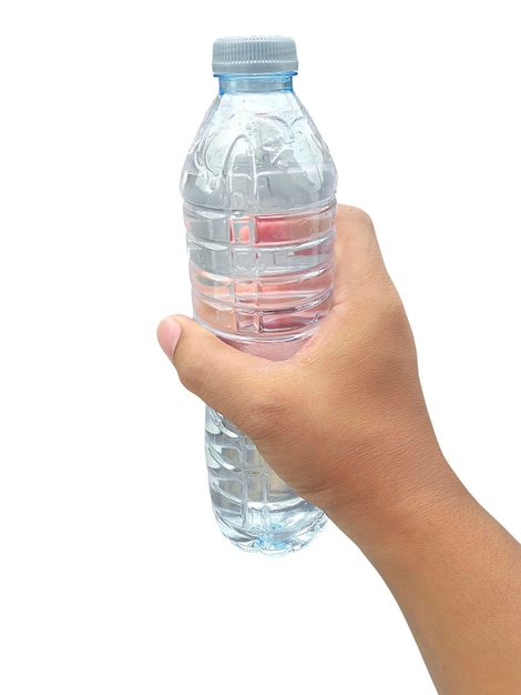 Flasche Wasser in der Hand lokalisiert auf weißem Hintergrund